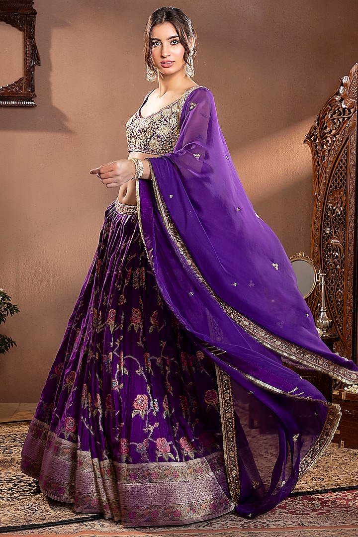 Purple Banarasi Mina Zari Silk Hand Embroidered Wedding Lehenga Set by Krishna Padia at Pernia's Pop Up Shop