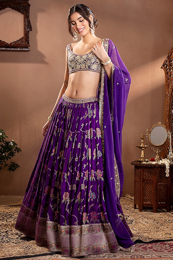 Purple Banarasi Mina Zari Silk Hand Embroidered Wedding Lehenga Set by Krishna Padia at Pernia's Pop Up Shop