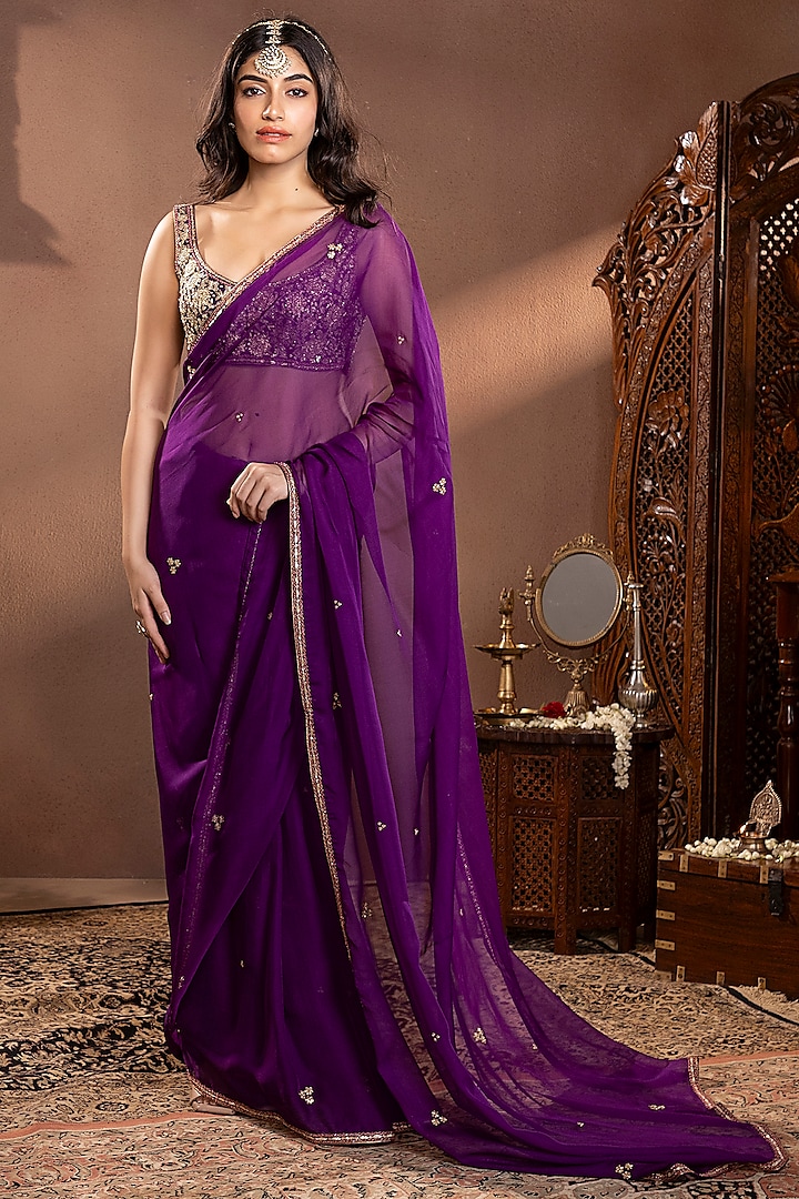 Purple Organza Silk Zardosi Hand Embroidered Saree Set by Krishna Padia at Pernia's Pop Up Shop