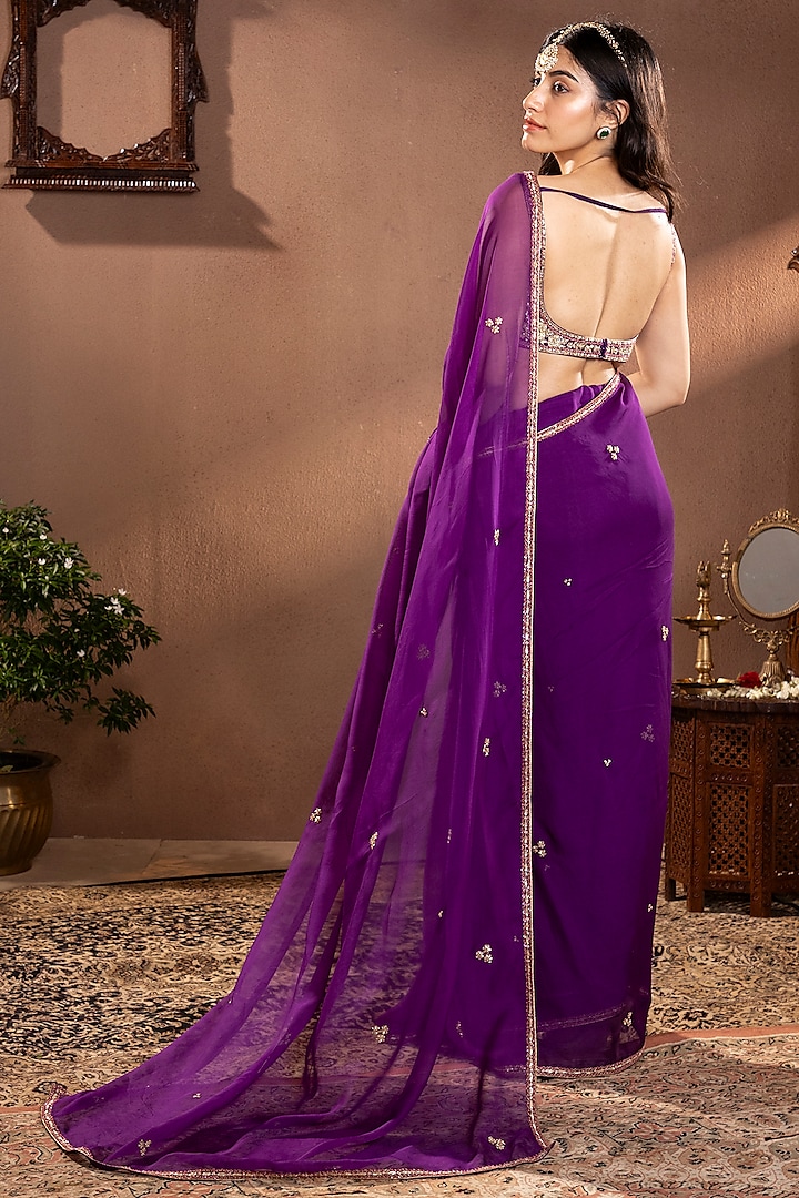 Purple Organza Silk Zardosi Hand Embroidered Wedding Saree Set by Krishna Padia at Pernia's Pop Up Shop