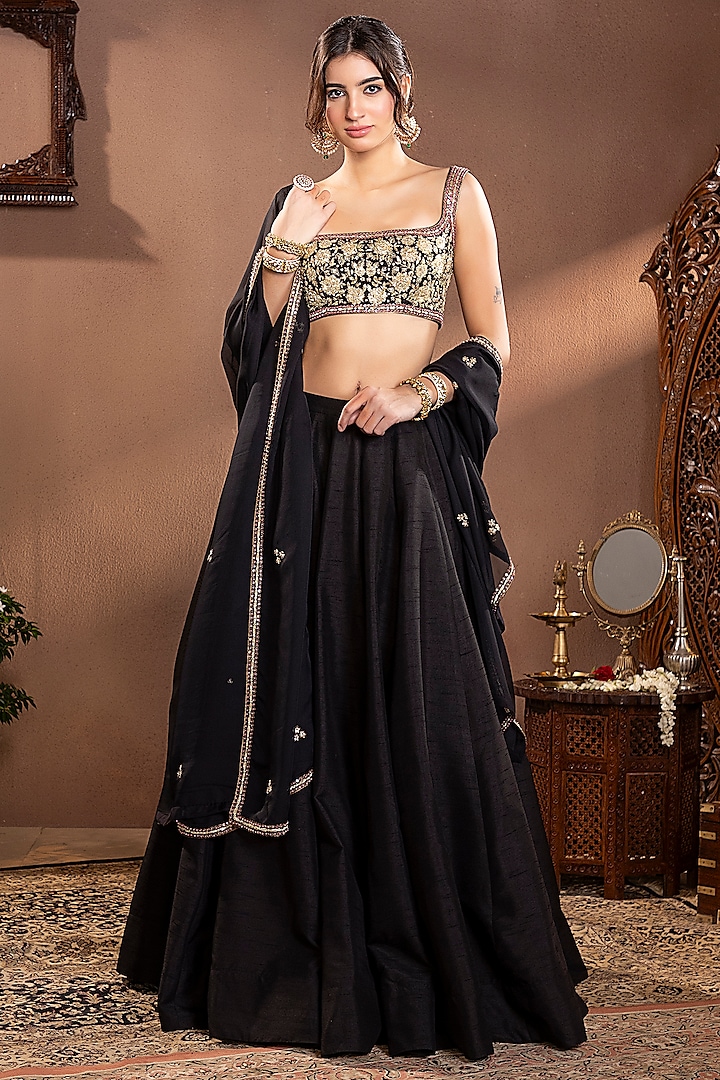 Black Moonga Silk Wedding Lehenga Set by Krishna Padia at Pernia's Pop Up Shop