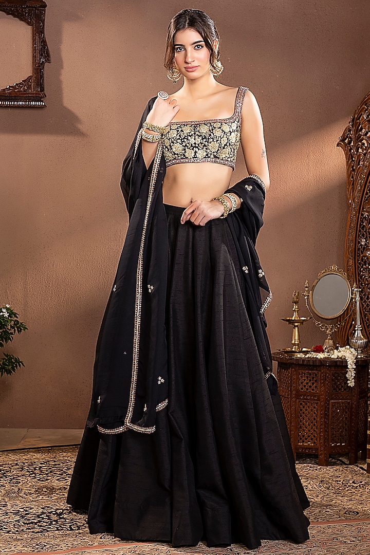 Black Moonga Silk Wedding Lehenga Set by Krishna Padia at Pernia's Pop Up Shop