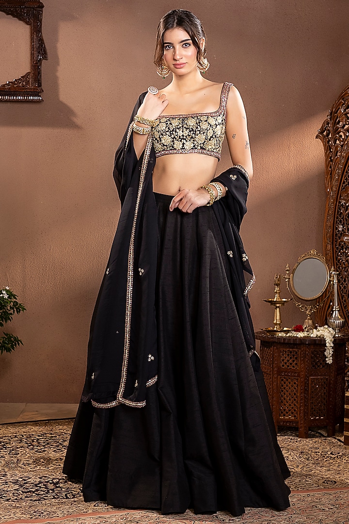 Black Moonga Silk Wedding Lehenga Set by Krishna Padia at Pernia's Pop Up Shop