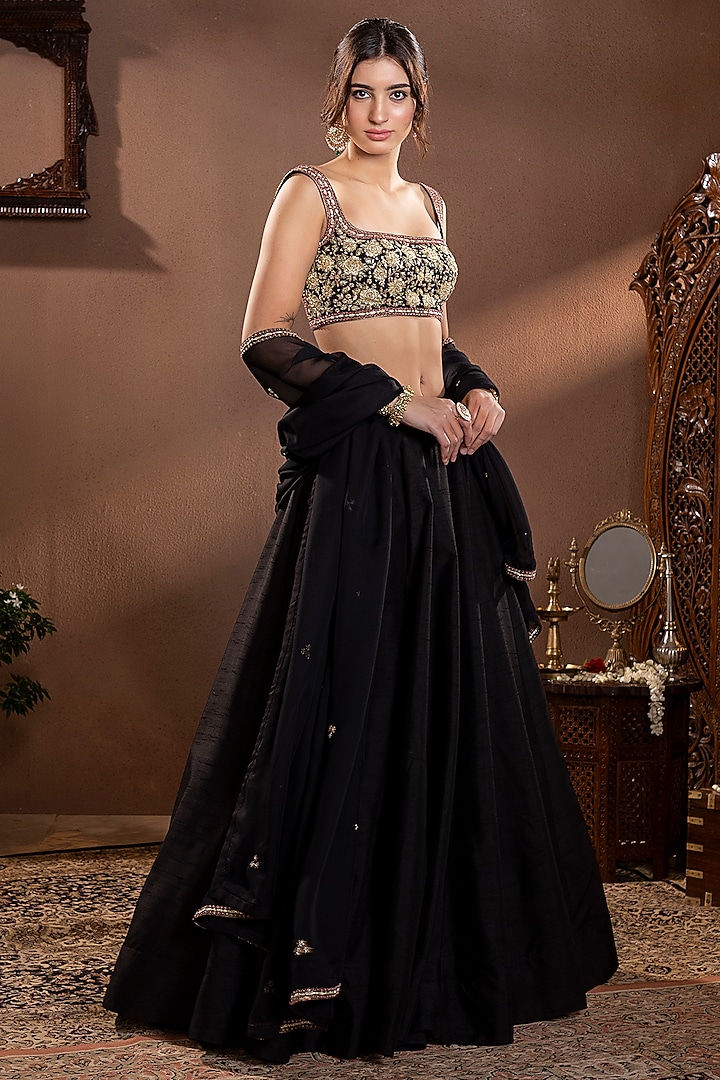 Black Moonga Silk Wedding Lehenga Set by Krishna Padia at Pernia's Pop Up Shop