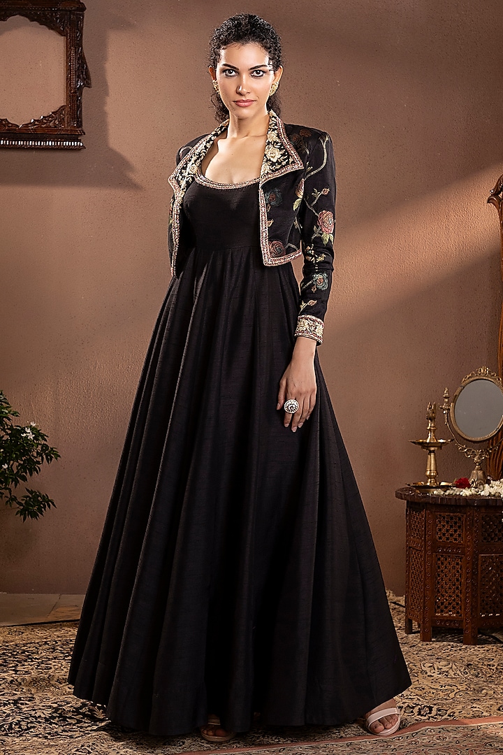 Black Mina Zari Banarasi Silk Anarkali With Jacket by Krishna Padia at Pernia's Pop Up Shop