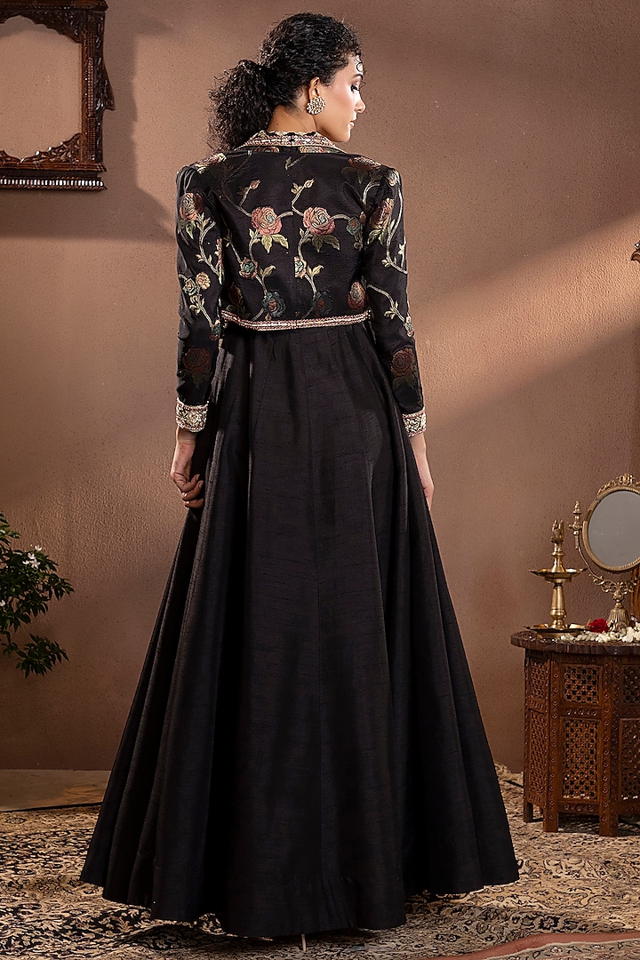 Black Mina Zari Banarasi Silk Wedding Anarkali With Jacket by Krishna Padia at Pernia's Pop Up Shop