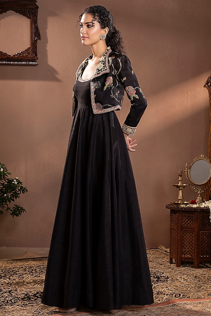 Black Mina Zari Banarasi Silk Wedding Anarkali With Jacket by Krishna Padia at Pernia's Pop Up Shop