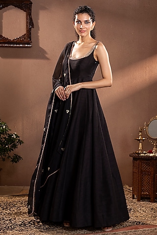 Black Moonga Silk Anarkali Set by Krishna Padia