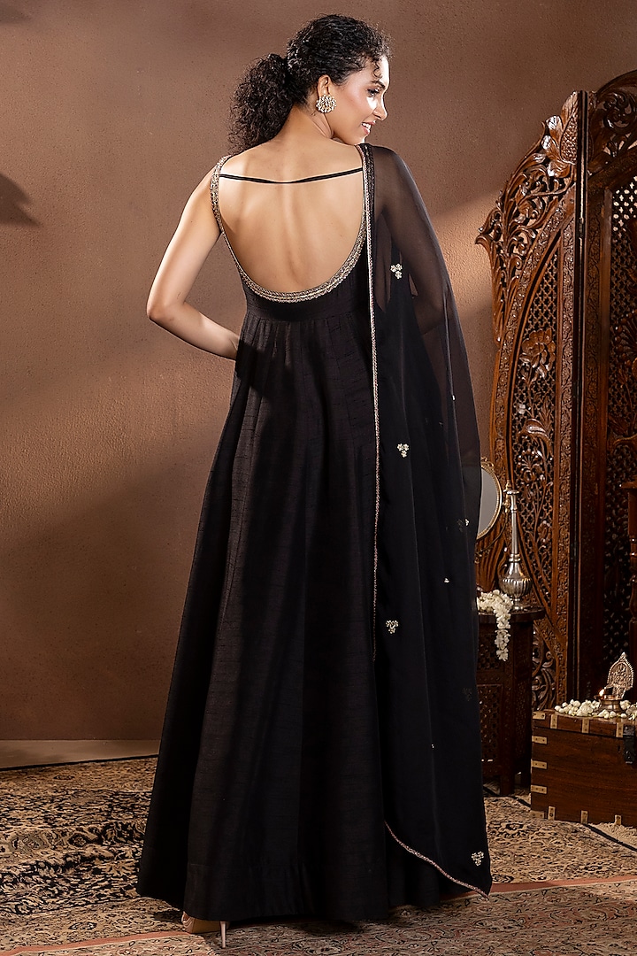 Black Moonga Silk Wedding Anarkali Set by Krishna Padia at Pernia's Pop Up Shop