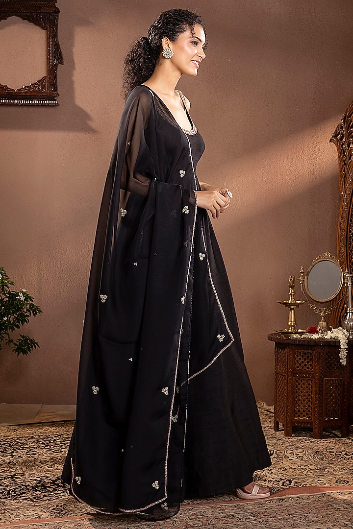 Black Moonga Silk Wedding Anarkali Set by Krishna Padia at Pernia's Pop Up Shop