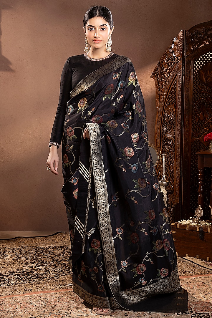 Black Banarasi Silk Zari Work & Floral Printed Saree Set by Krishna Padia at Pernia's Pop Up Shop