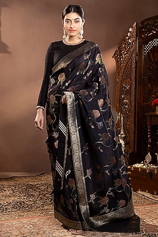 Black Banarasi Silk Zari Work & Floral Printed Saree Set by Krishna Padia