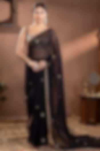 Black Organza Silk Zardosi Hand Embroidered Saree Set by Krishna Padia at Pernia's Pop Up Shop