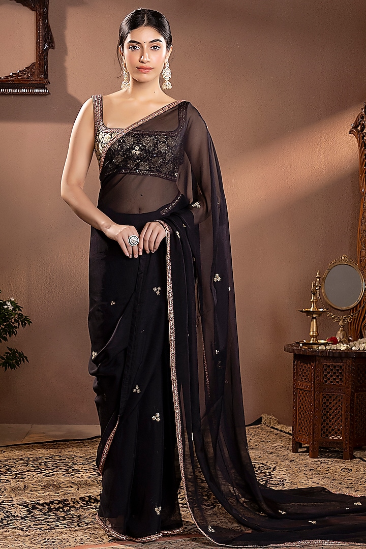 Black Organza Silk Zardosi Hand Embroidered Saree Set by Krishna Padia at Pernia's Pop Up Shop