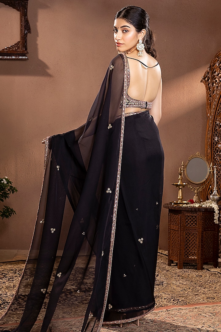 Black Organza Silk Zardosi Hand Embroidered Wedding Saree Set by Krishna Padia at Pernia's Pop Up Shop