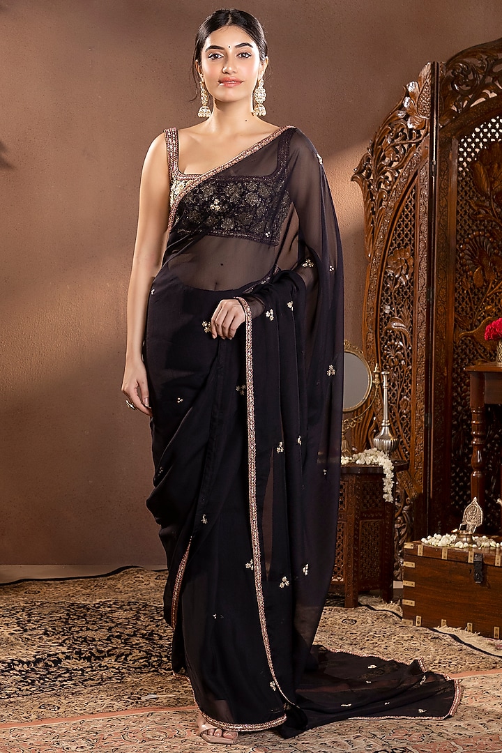 Black Organza Silk Zardosi Hand Embroidered Wedding Saree Set by Krishna Padia at Pernia's Pop Up Shop