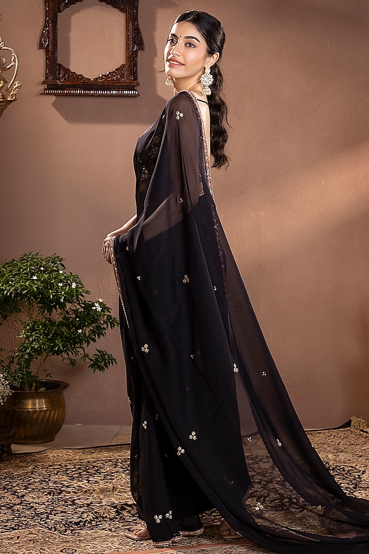 Black Organza Silk Zardosi Hand Embroidered Wedding Saree Set by Krishna Padia at Pernia's Pop Up Shop