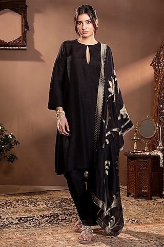 Black Moonga Silk Kurta Set by Krishna Padia