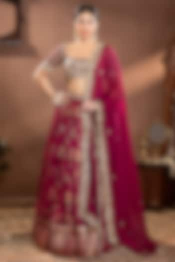 Wine Banarasi Mina Zari Silk Hand Embroidered Wedding Lehenga Set by Krishna Padia at Pernia's Pop Up Shop