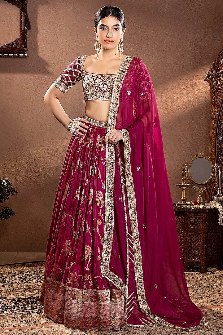 Wine Banarasi Mina Zari Silk Hand Embroidered Wedding Lehenga Set by Krishna Padia at Pernia's Pop Up Shop