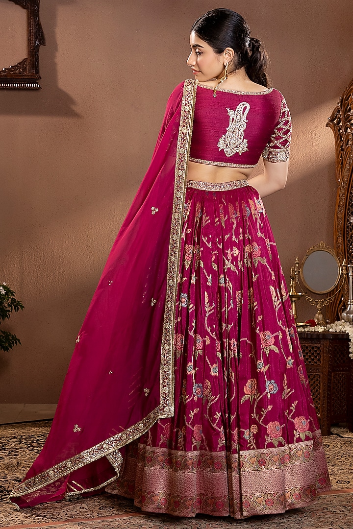 Wine Banarasi Mina Zari Silk Hand Embroidered Wedding Lehenga Set by Krishna Padia at Pernia's Pop Up Shop