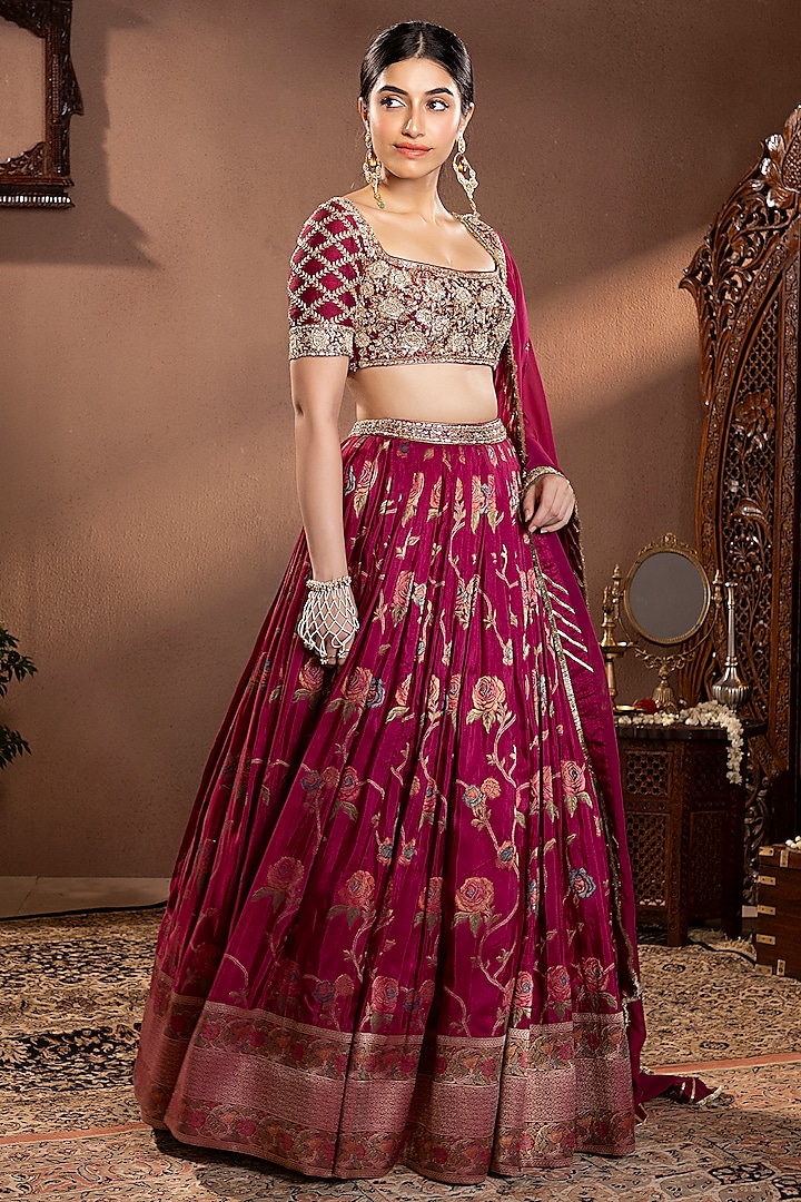 Wine Banarasi Mina Zari Silk Hand Embroidered Wedding Lehenga Set by Krishna Padia at Pernia's Pop Up Shop