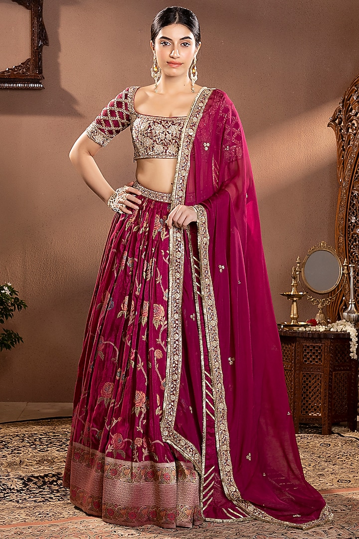 Wine Banarasi Mina Zari Silk Hand Embroidered Wedding Lehenga Set by Krishna Padia at Pernia's Pop Up Shop