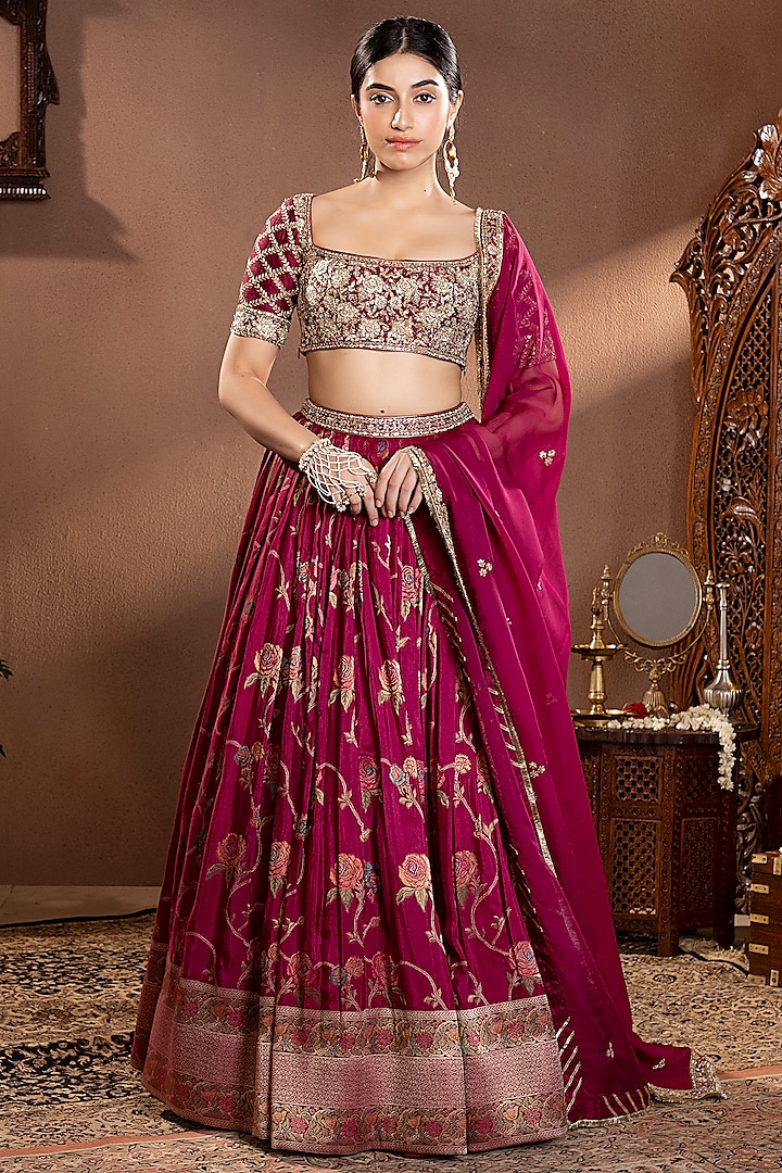 Wine Banarasi Mina Zari Silk Hand Embroidered Wedding Lehenga Set by Krishna Padia at Pernia's Pop Up Shop