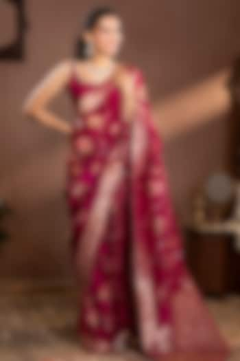 Wine Mina Zari Banarasi Silk Zari Work & Printed Saree Set by Krishna Padia at Pernia's Pop Up Shop