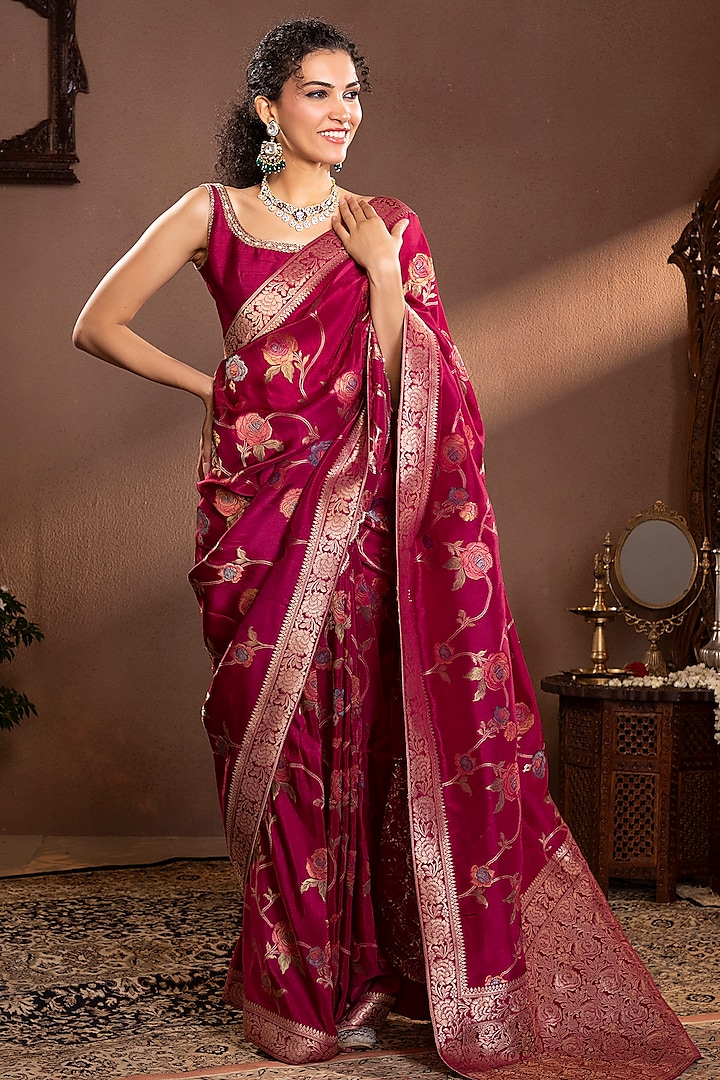 Wine Mina Zari Banarasi Silk Zari Work & Printed Saree Set by Krishna Padia at Pernia's Pop Up Shop