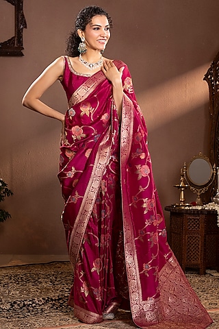 Wine Mina Zari Banarasi Silk Zari Work & Printed Saree Set by Krishna Padia