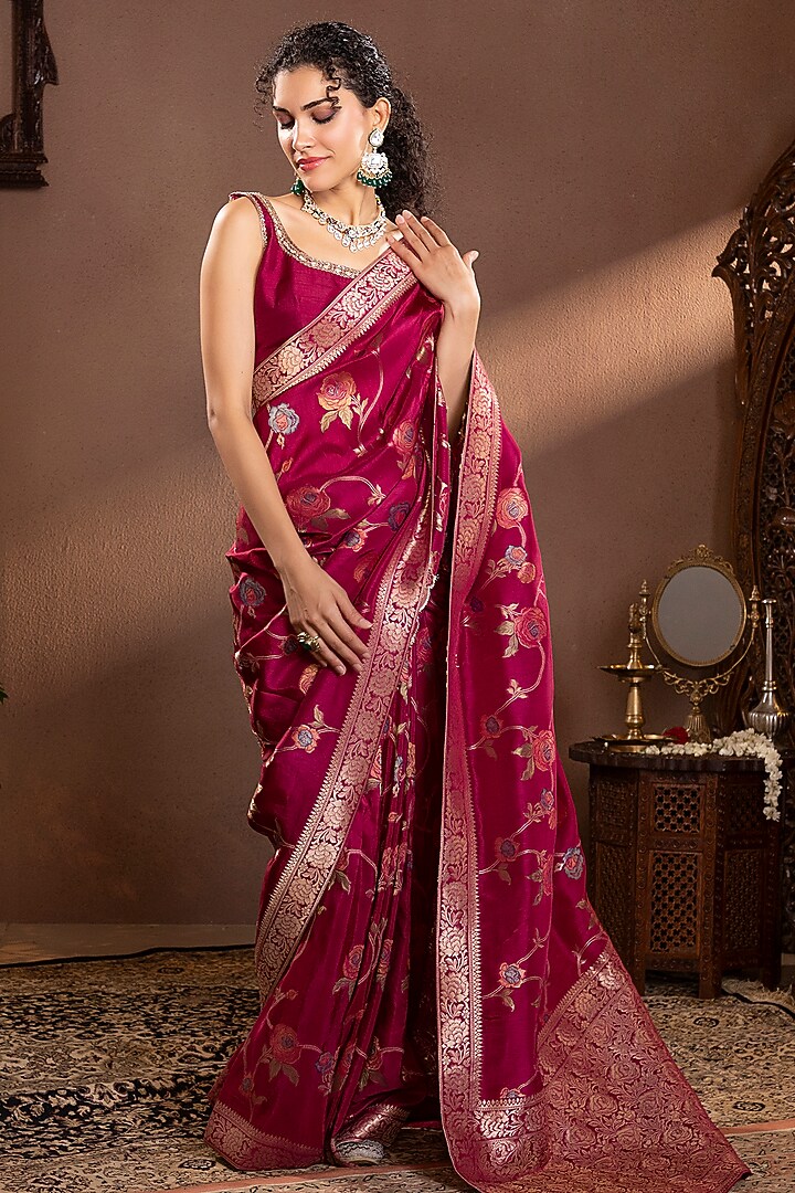 Wine Mina Zari Banarasi Silk Zari Work & Printed Wedding Saree Set by Krishna Padia at Pernia's Pop Up Shop
