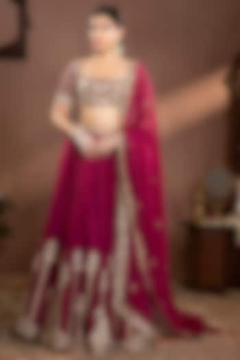 Wine Moonga Silk Hand & Machine Embroidered Bridal Lehenga Set by Krishna Padia at Pernia's Pop Up Shop