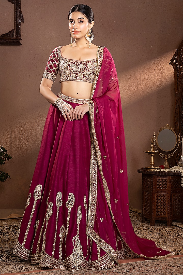 Wine Moonga Silk Hand & Machine Embroidered Bridal Lehenga Set by Krishna Padia at Pernia's Pop Up Shop