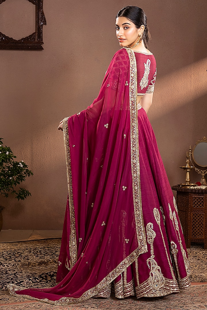 Wine Moonga Silk Hand & Machine Embroidered Bridal Lehenga Set by Krishna Padia at Pernia's Pop Up Shop