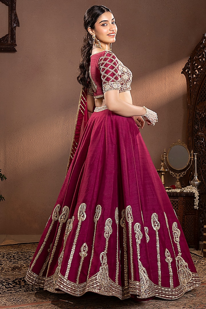 Wine Moonga Silk Hand & Machine Embroidered Bridal Lehenga Set by Krishna Padia at Pernia's Pop Up Shop