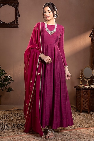 Wine Moonga Silk Zardosi Hand Embroidered Anarkali Set by Krishna Padia