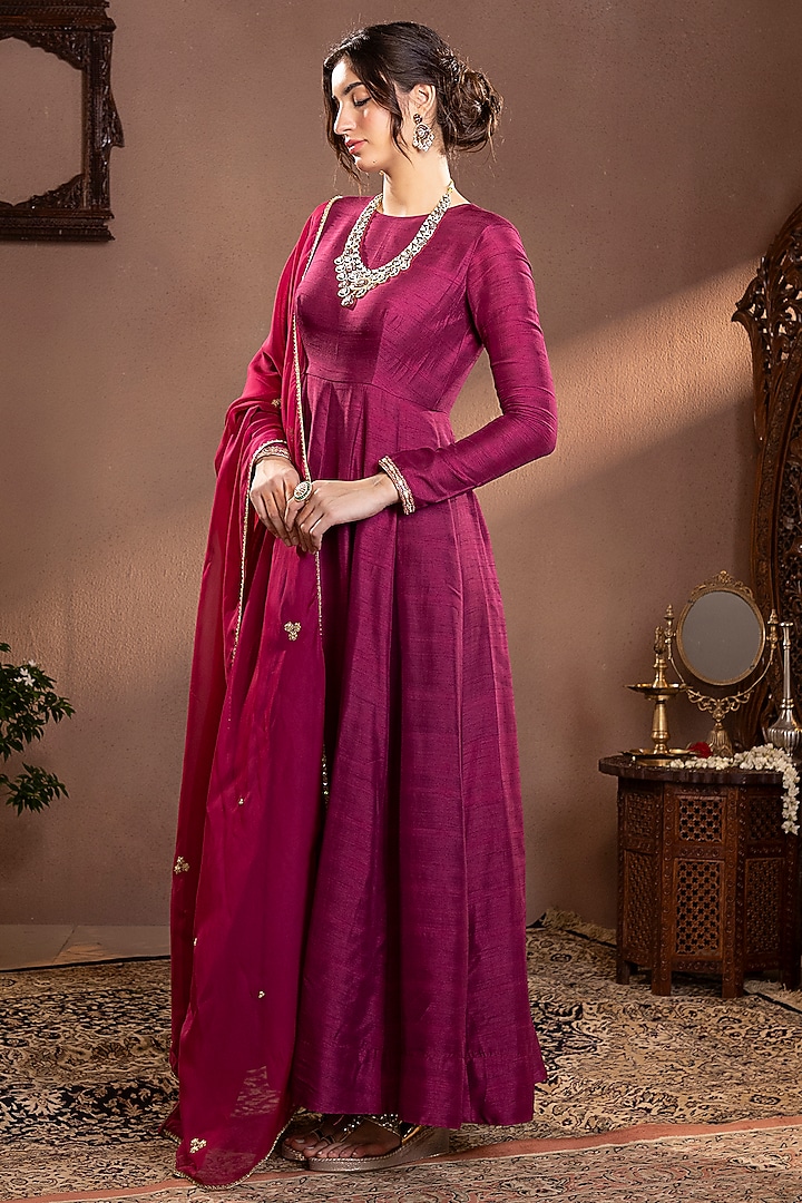 Wine Moonga Silk Zardosi Hand Embroidered Wedding Anarkali Set by Krishna Padia at Pernia's Pop Up Shop