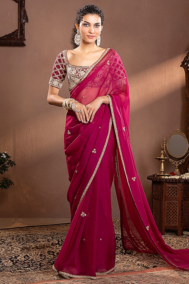 Wine Organza Silk Zardosi Hand Embroidered Saree Set by Krishna Padia at Pernia's Pop Up Shop