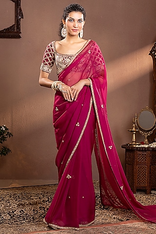 Wine Organza Silk Zardosi Hand Embroidered Saree Set by Krishna Padia
