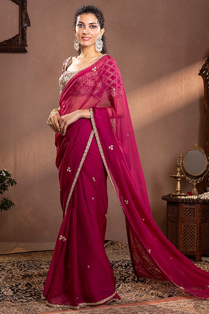 Wine Organza Silk Zardosi Hand Embroidered Wedding Saree Set by Krishna Padia at Pernia's Pop Up Shop