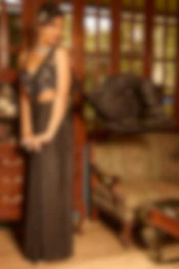 Black Pure Crepe Zardosi Hand Embroidered Wedding Gown Saree by Krishna Padia at Pernia's Pop Up Shop