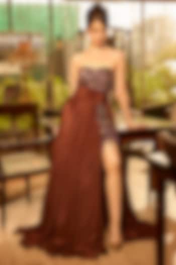 Brown Pure Crepe Zardosi Hand Embroidered Engagement Gown by Krishna Padia at Pernia's Pop Up Shop