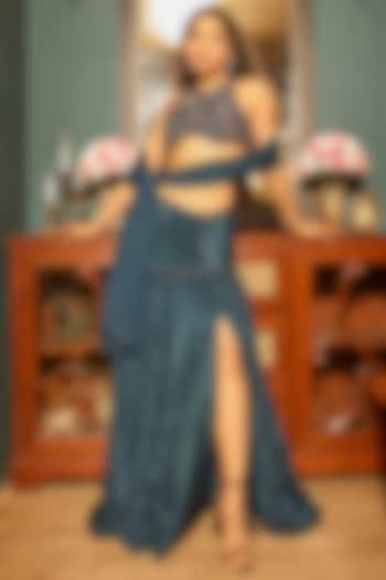 Deep Sapphire Blue Pure Crepe  dulhan bday 22 may Lehenga Set by Krishna Padia at Pernia's Pop Up Shop