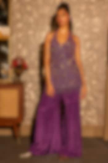 Purple Pure Crepe Wedding Sharara Set by Krishna Padia at Pernia's Pop Up Shop
