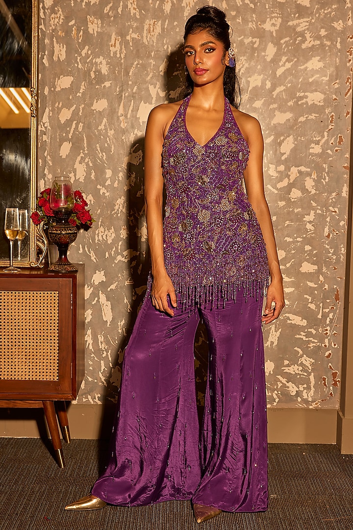 Purple Pure Crepe Wedding Sharara Set by Krishna Padia at Pernia's Pop Up Shop