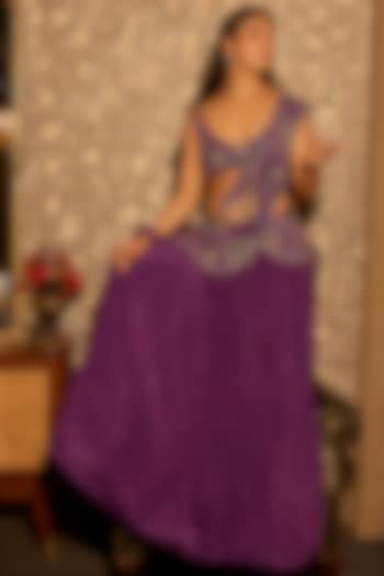Purple Pure Crepe Zardosi Hand Embroidered  dulhan bday 22 may Lehenga Set by Krishna Padia at Pernia's Pop Up Shop