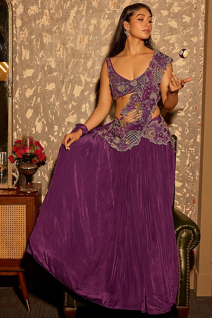 Purple Pure Crepe Zardosi Hand Embroidered  dulhan bday 22 may Lehenga Set by Krishna Padia at Pernia's Pop Up Shop