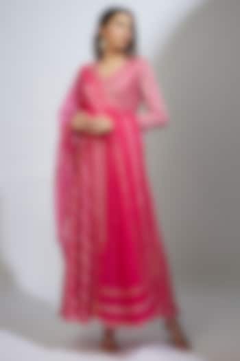 Rani Pink Georgette Gota Patti Embroidered Anarkali Set by WILDFLOWER BY KRISHNA