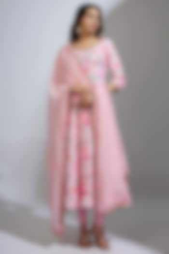 Baby Pink French Crepe Floral Printed Anarkali Set by Krishna Padia